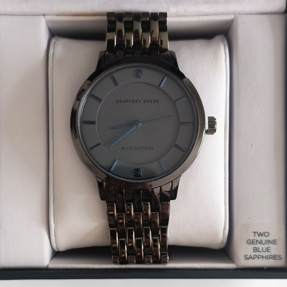 Geoffrey Beene Gunmetal Gray Stainless Steel Blue Sapphire Collection Watch